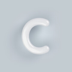 3D White plastic uppercase letter C with a glossy surface on a gray background.