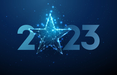 Abstract Happy 2023 New Year greeting card with blue star - obrazy, fototapety, plakaty