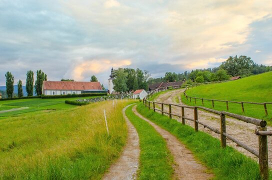 Landscape of the beautiful village of Piber in western Styria, Austria, on a cloudy day