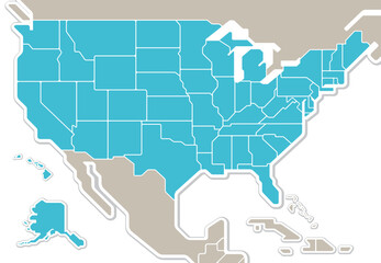 アメリカ合衆国の地図　50州分け　北アメリカ
