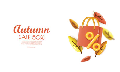 Autumn sale background with leaves, shopping bag, gift box, percent symbol. 3D illustration