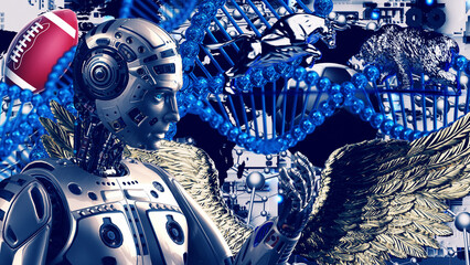 Detailed appearance of the AI robot, soccer Ball, American foot ball, DNA ring, gold wings, fine hexagonal atoms and bull and bear sculpture staring at each other. Concept 3D CG of chaotic situation.
