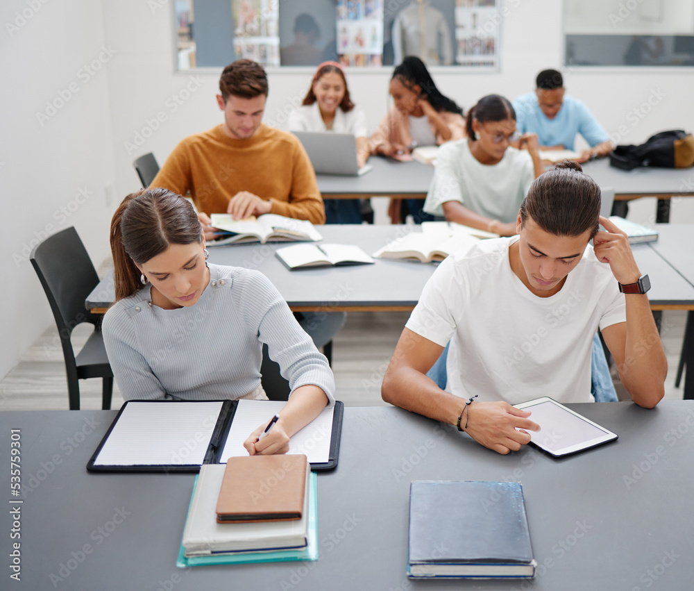 Leinwandbilder Studying, learning and students in university classroom with digital tablet screen and notebook mockup for knowledge, education and teaching. Group of people in college with books and reading course