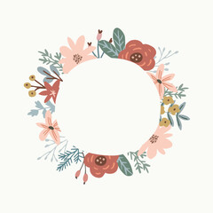 Christmas greeting card, invitation. Winter, summer floral frame, wreath made of poinsettia, flowers. Roses, berries and fir tree branches. Empty copy space. Hand drawn vector illustration background.