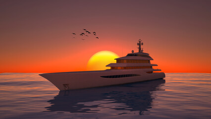 Fototapeta na wymiar modern long yacht in sunset with flying birds