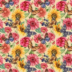 Fotobehang Seamless pattern with butterflies and flowers, floral background. Vintage watercolor style. Flora design. © Hanna
