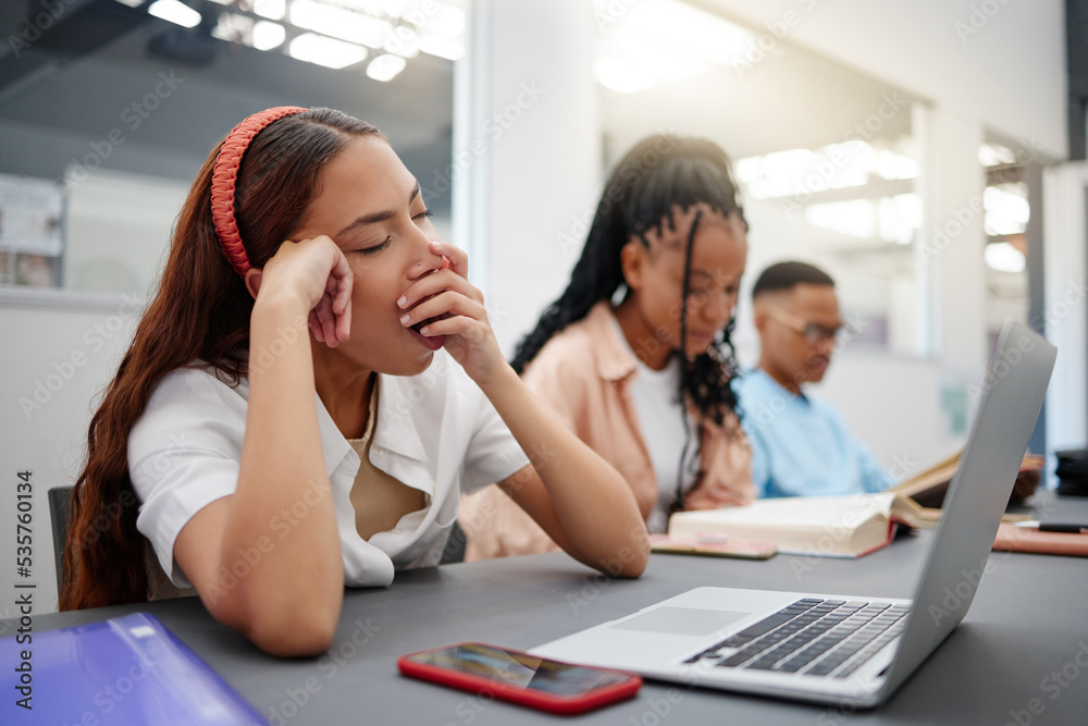 Leinwandbilder burnout, tired and university student study in class lecture or library with laptop learning or digi