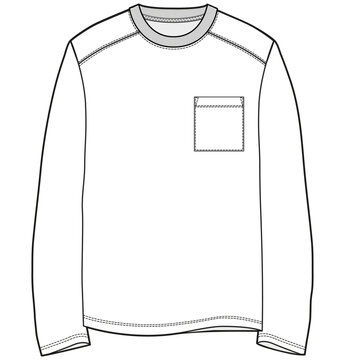 Mens Long Sleeve Crew Neck T Shirt With Pocket Fashion Flat Sketch Vector Illustration.