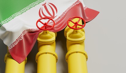 Iran flag covering an oil and gas fuel pipe line. Oil industry concept. 3D Rendering