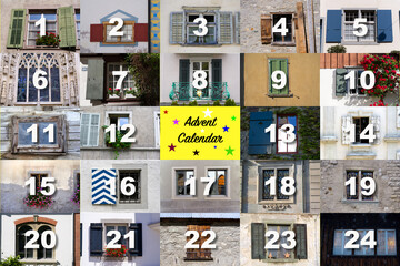 Advent Calendar with photos of windows of Swiss houses and buildings. Photo collage made October 5th, 2022, Zurich, Switzerland.