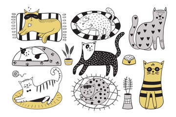 Doodle cats and plants on a white background.  Set of cartoon cats in different poses. Vector illustration. 