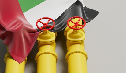 UAE flag covering an oil and gas fuel pipe line. Oil industry concept. 3D Rendering
