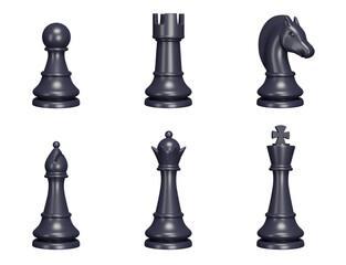 Chess pieces 3d set. Black Color. Pawn, king, queen, rook, knight, bishop. Isolated icons, objects on a transparent background