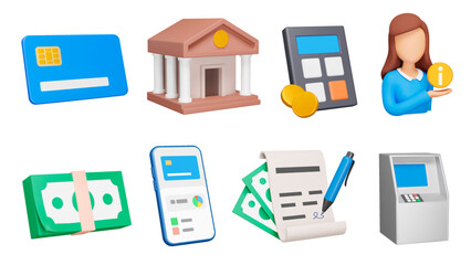 Banking 3d icon set. Credit cards, borrowing and receiving money. Online Money. Money transactions. Financing. Isolated icons, objects on a transparent background