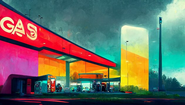 Colorful Illustration Of A Gas Station At Night With Neon Lights And Vending Machines In Front Of It