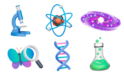 Science 3d icon set. Study and knowledge. Physics, chemistry, biology, astronomy. Sciences. Isolated icons, objects on a transparent background