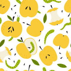 Seamless pattern with worms and apples. Summer cute colorful background in cartoon style. Hand drawn design for textiles, clothing, bed linen, office supplies.
