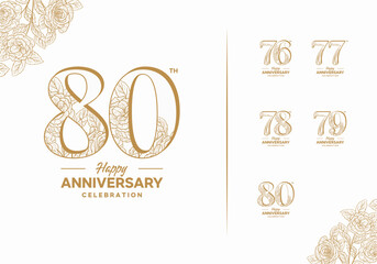 birthday celebration icon logo set decorated with gold color flowers on white background, 76, 77, 78, 79, 80