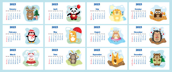 The concept of a children's calendar for 2023 with cute characters on all pages is a set with adorable animals