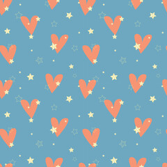 Pattern Love and Passion. Shiny gold stars and pink hearts on blue background. Valentines Day background. Romantic wallpaper design with love symbol. Vector illustration