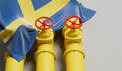 Sweden flag covering an oil and gas fuel pipe line. Oil industry concept. 3D Rendering