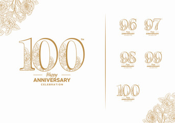 birthday celebration icon logo set decorated with gold color flowers on white background 96, 97, 98, 99, 100