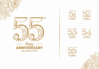 birthday celebration icon logo set decorated with gold color flowers on white background, 51, 52, 53, 54, 55