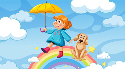 Obraz na płótnie Canvas A girl standing on rainbow with her dog