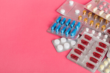 too many different pill of various blisters with different pills Medicines storage at home concept Medication storing. A pile of medicine in blister packs. Pharmaceutical blister packs