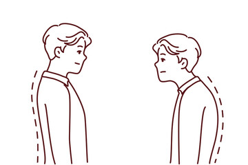 Comparison of man with good and bad back posture. Male suffer from scolisosis from sedentary work. Vector illustration. 