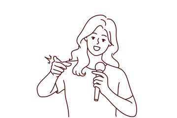 Woman with microphone make speech point at screen. Smiling female speaker with mic communicate with audience. Vector illustration. 