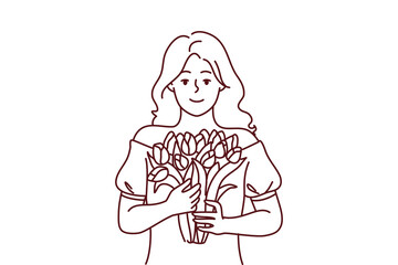 Portrait of smiling woman holding flowers in hands. Happy girl with bouquet feeling happy celebrating birthday anniversary. Vector illustration. 