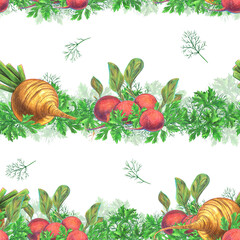 A pattern of spicy herbs and vegetables, drawn with colored pencils on a white background.