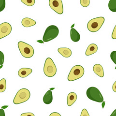 Seamless Pattern Avocado set of whole and halves with a bone. Vector illustration of fresh avocado fruit.
