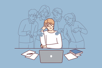 Stressed young man feel pressure by society opinion working on computer. Distressed male employee frustrated with annoying imaginary colleagues. Vector illustration.