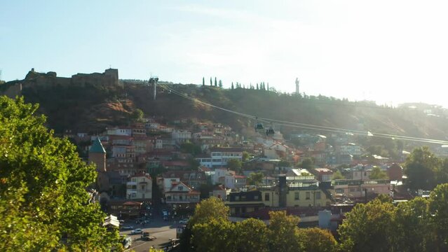 Aerial view of old Tbilisi and cable car.