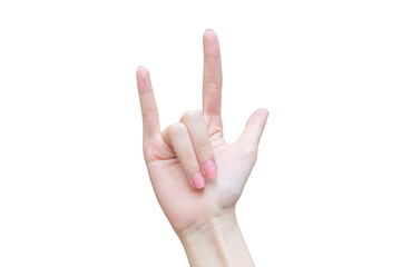 Female fingers and hands while acts sign as I love you symbol on isolated white background.