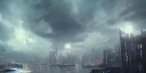 Dramatic scene, cities of the future, in the clouds.