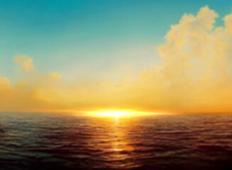 sunset at sea bright sun down  light beam flares ,blue sky orange clouds ,palm and plant reflection on sea water wave summer vacation background template