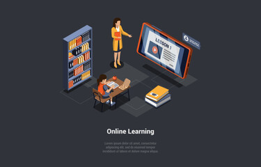 Concept Of Distance Online E-Learning. Student At Desk In Listen To Teacher. Girl Taking An Remote Course. Learning or Meeting Online With Teleconference. Isometric Cartoon 3d Vector Illustration