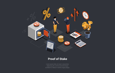 Blockchain Technology, Defi, Altcoins Mining With Proof Of Stake Technology Concept. People Stake Crypto In Pools, Earning And Farming New Cryptocurrency. Isometric 3d Cartoon Vector Illustration
