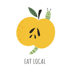 Eat Local. Apple with worm. Organic waste, ecology, zero waste, zero waste concept, eco life. Isolated on white background