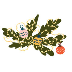 Christmas wreath. Decor for New Year, Christmas and holidays. A wreath of pine and spruce branches with balloons and lanterns. Hand-drawn illustration highlighted on a white background