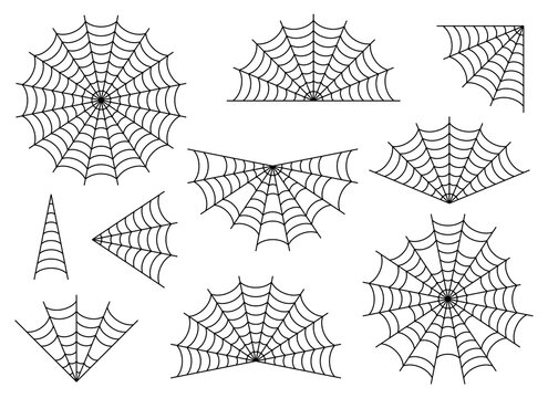 Spider web icon set isolated on white. Black halloween cobweb vector illustration