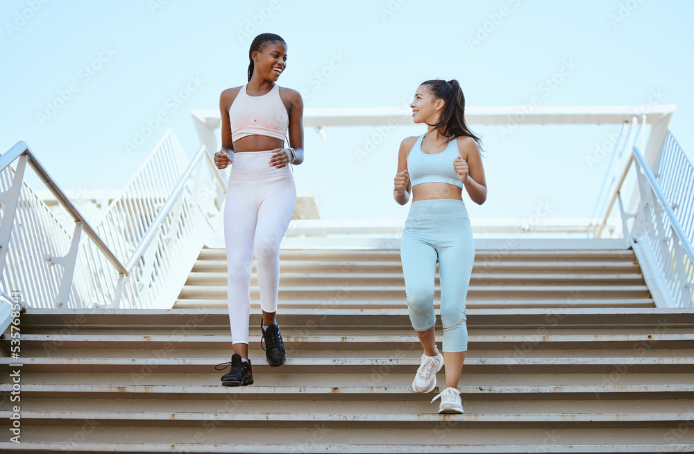 Canvas Prints Fitness women, running steps and exercise for healthy lifestyle, wellness and marathon training in urban city outdoors. Happy athletes, runners and friends cardiovascular workout down stairs together