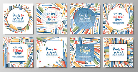 Back to school banner set. Backgrounds with stationery pencils, pen, brush, scissors, paper clips. School theme, knowledge day, study