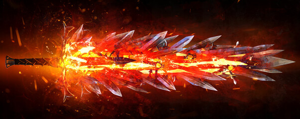 A fiery blade with lava at its core it consists of dozens of fused swords radiating the fire of the underworld, it glows in the dark emitting sparks and heat. 3d rendering art