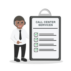 call center man african with services clipboard design character on white background