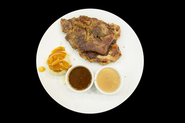 Top view of Chicken Steak with Black Pepper on a white plate, focus selective