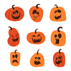 Halloween monster jack lantern orange pumpkin carved glowing scary face set on white background. Isolated elements cartoon character emotions collection for festive design. Vector evil  illustration.